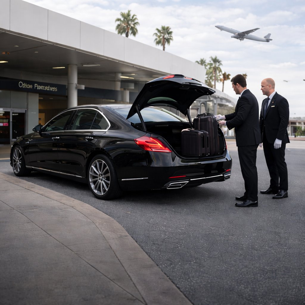 Chauffeurs loading luggage for an airport transfer
